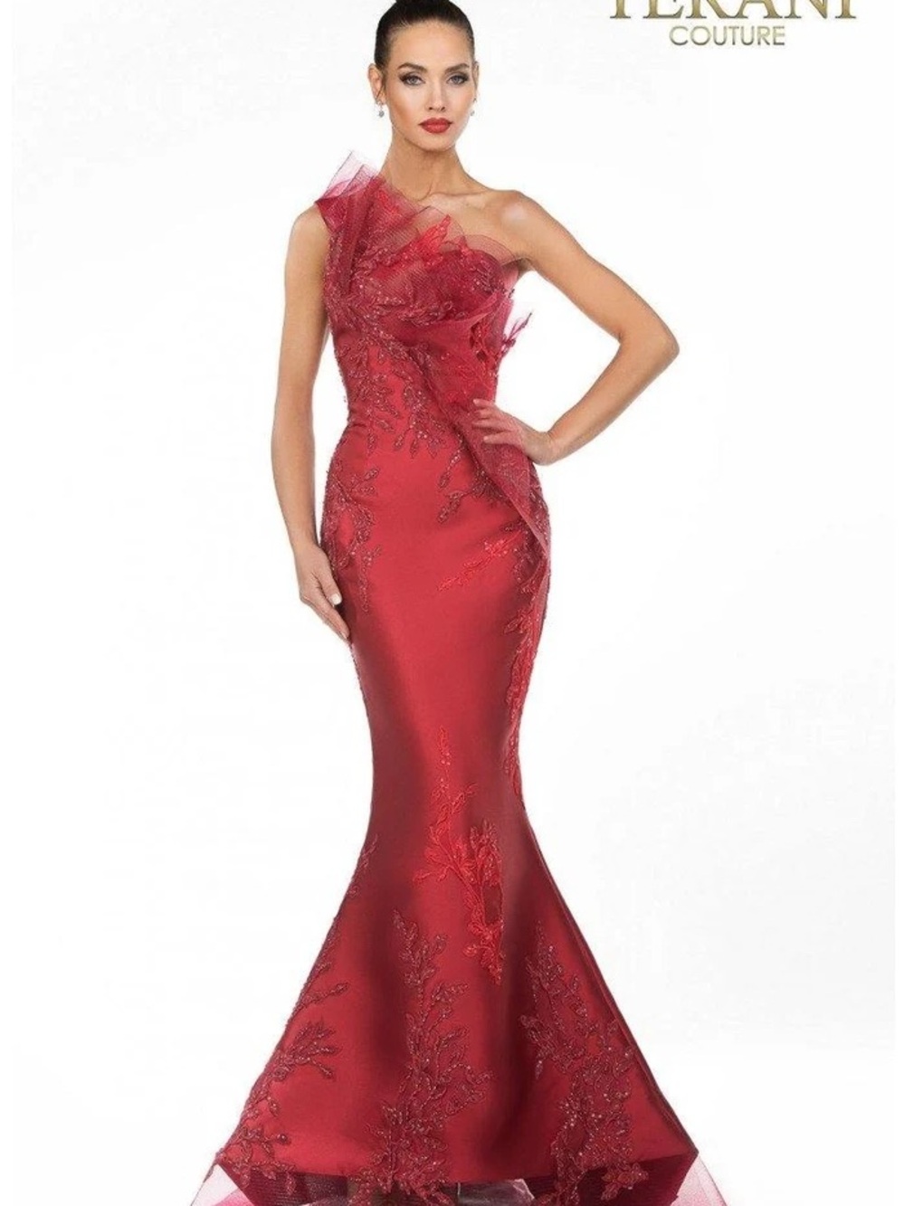 Terani Couture Deep Wine One-Shoulder Mermaid Dress